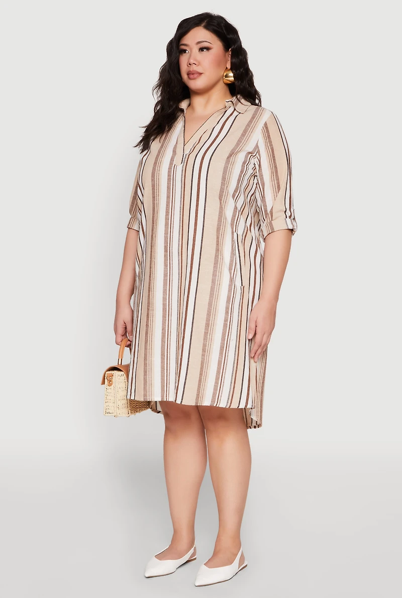Womens Plus Size Tabbed Sleeve Striped Dress, Multi, Size 3X