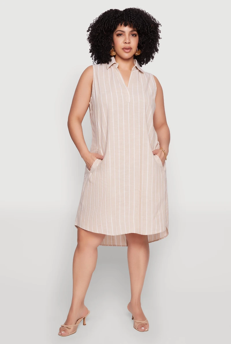 Womens Plus Size Linen Pinstripe Midi Dress, Beige, Size 1X