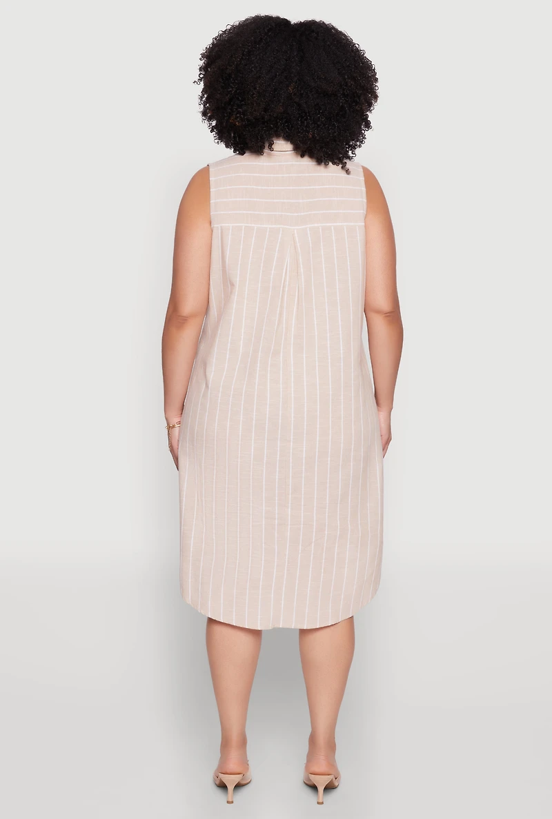 Womens Plus Size Linen Pinstripe Midi Dress, Beige, Size 1X