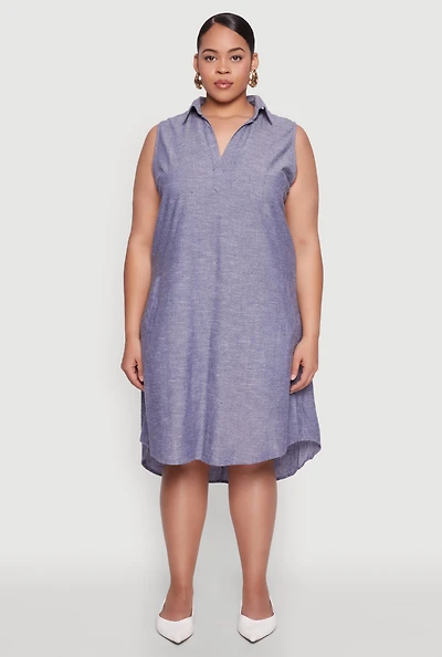 Womens Plus Size Marled Chambray Midi Dress, Blue, Size 1X
