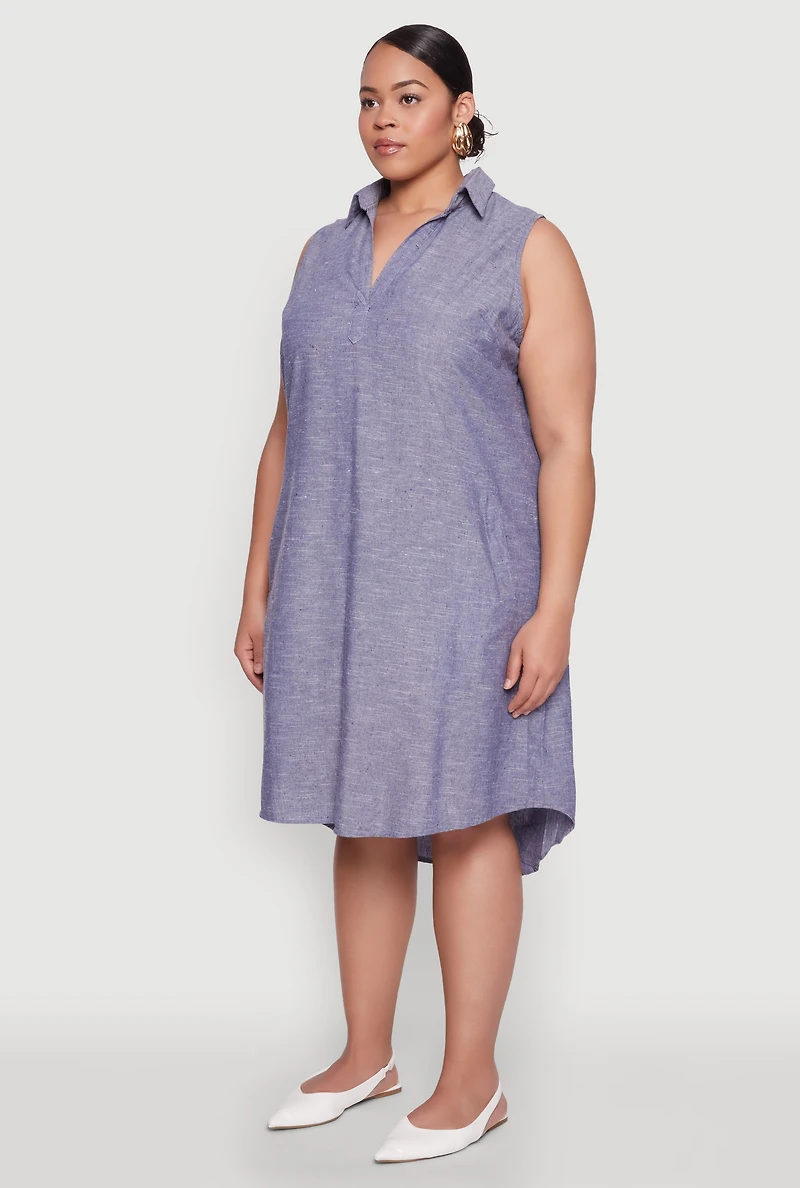 Womens Plus Size Marled Chambray Midi Dress, Blue, Size 1X