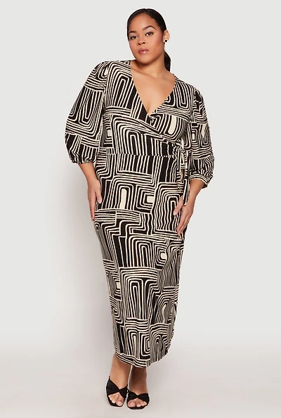 Plus Abstract Print Faux Wrap Maxi Dress