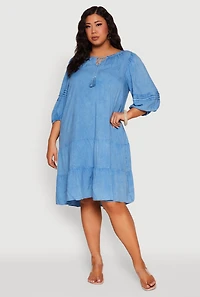 Womens Plus Size Chambray Tiered Dress, Blue, Size 1X