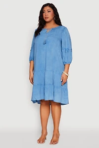 Womens Plus Size Chambray Tiered Dress, Blue, Size 1X