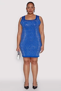 Womens Plus Size Rhinestone Greek Key Tank Dress, Blue, Size 1X