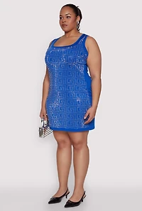 Womens Plus Size Rhinestone Greek Key Tank Dress, Blue, Size 1X