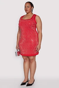 Womens Plus Size Rhinestone Greek Key Tank Dress, Red, Size 2X