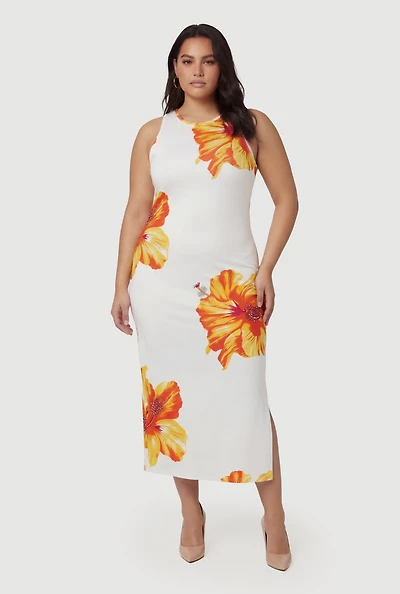 Plus Sleeveless Floral Print Dress with Side Slit