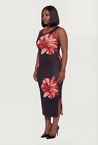Plus Sleeveless Floral Print Side Slit Dress