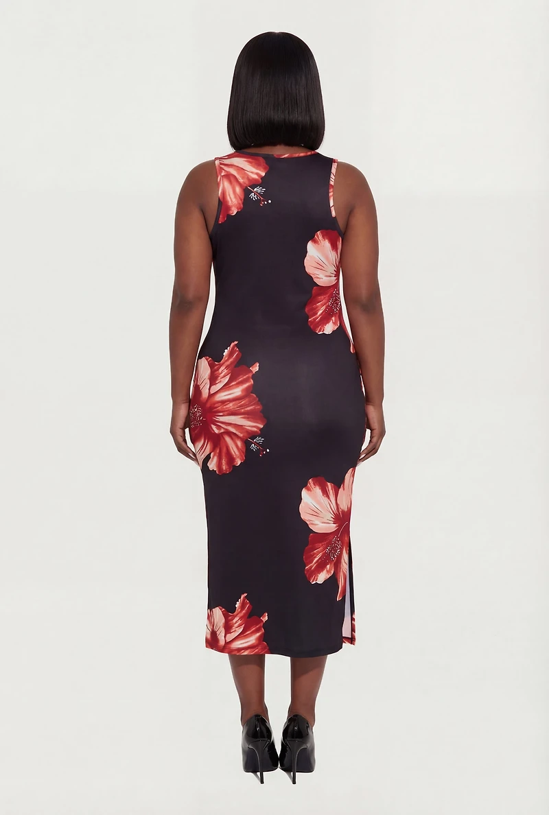 Plus Sleeveless Floral Print Side Slit Dress