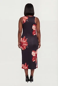 Plus Sleeveless Floral Print Side Slit Dress