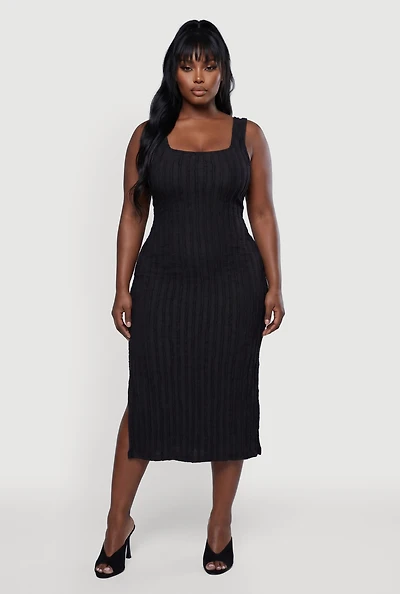 Plus Side Slit Textured Knit Midi Dress