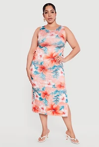 Plus Floral Drawstring Keyhole Side Dress