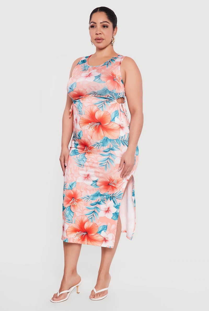 Plus Floral Drawstring Keyhole Side Dress