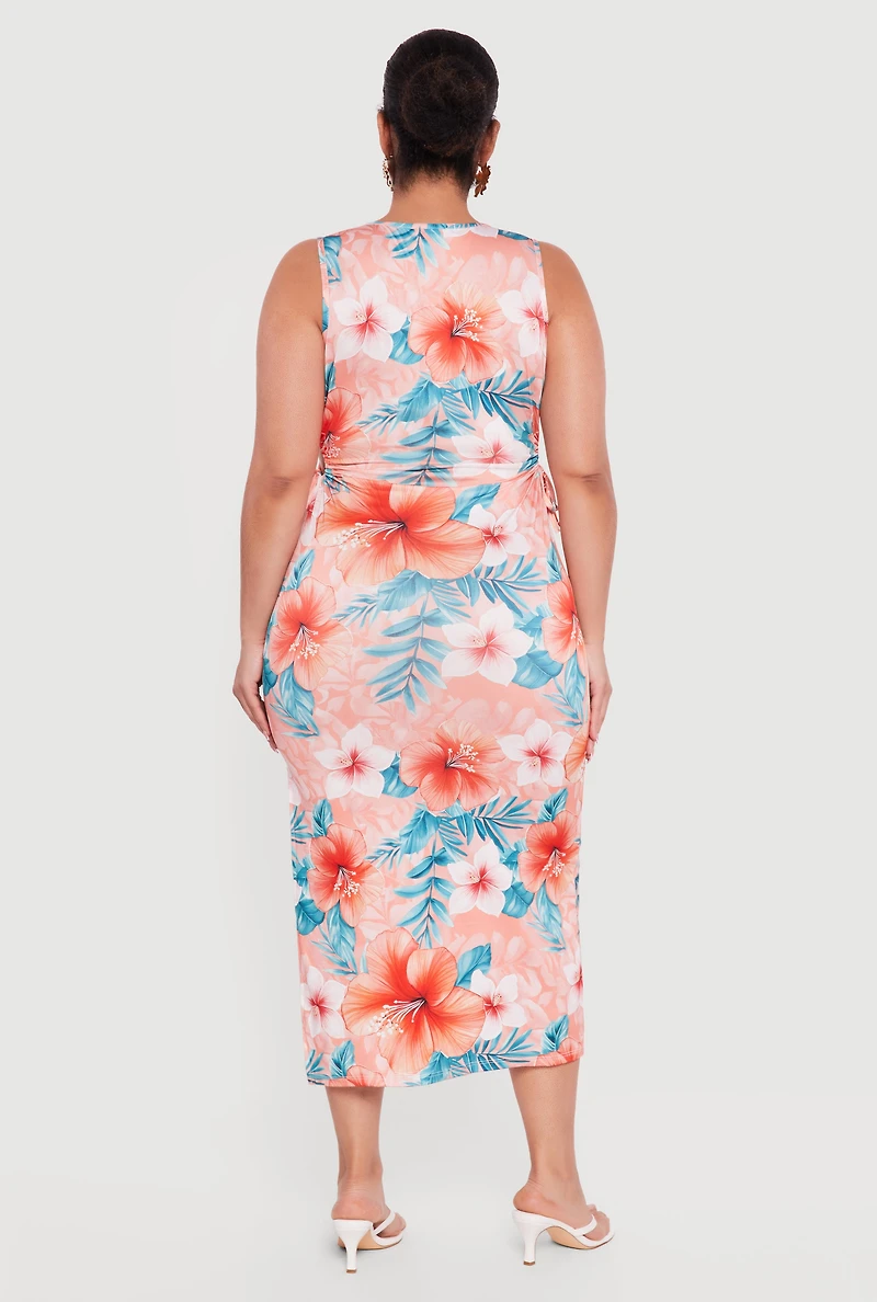 Plus Floral Drawstring Keyhole Side Dress