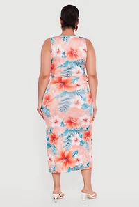 Plus Floral Drawstring Keyhole Side Dress
