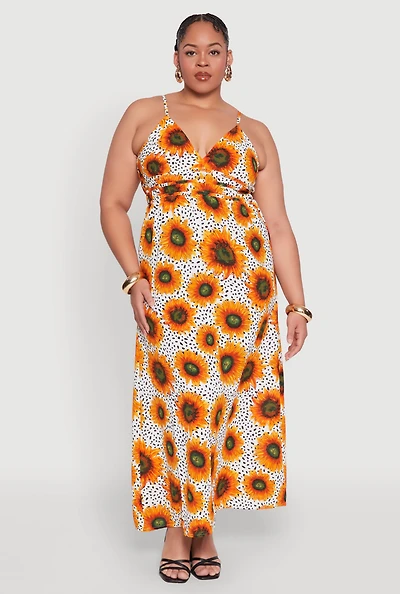Womens Plus Size Sunflower Print Maxi Dress, Multi, Size 1X