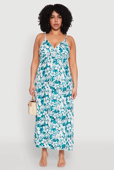 Womens Plus Size Tropical Print Empire Waist Maxi Dress, Green, Size 1X