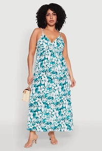 Womens Plus Tropical Print Empire Waist Maxi Dress, Green,