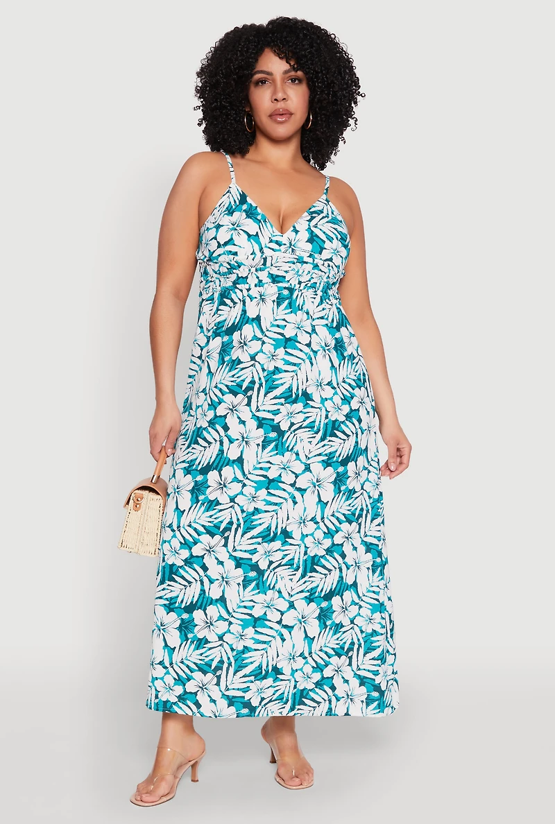 Womens Plus Size Tropical Print Empire Waist Maxi Dress, Green, Size 2X