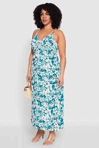 Womens Plus Size Tropical Print Empire Waist Maxi Dress, Green, Size 2X
