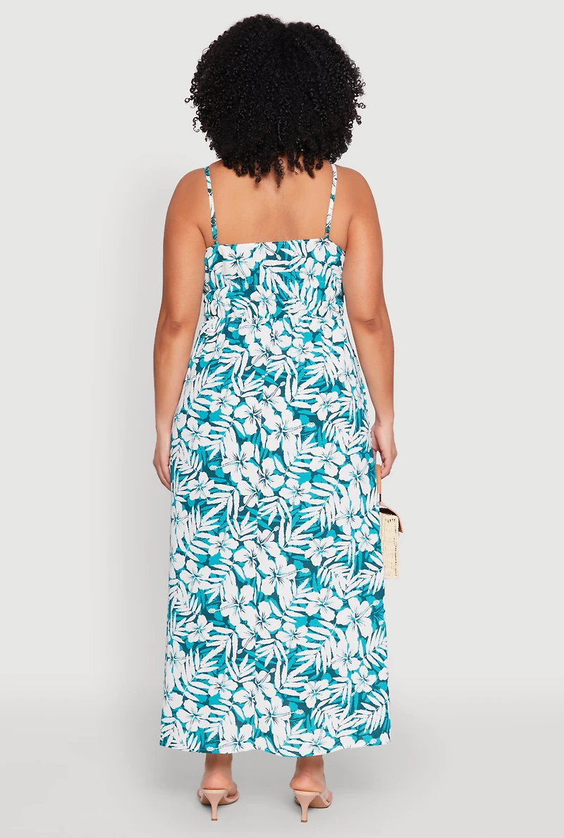 Womens Plus Size Tropical Print Empire Waist Maxi Dress, Green, Size 2X