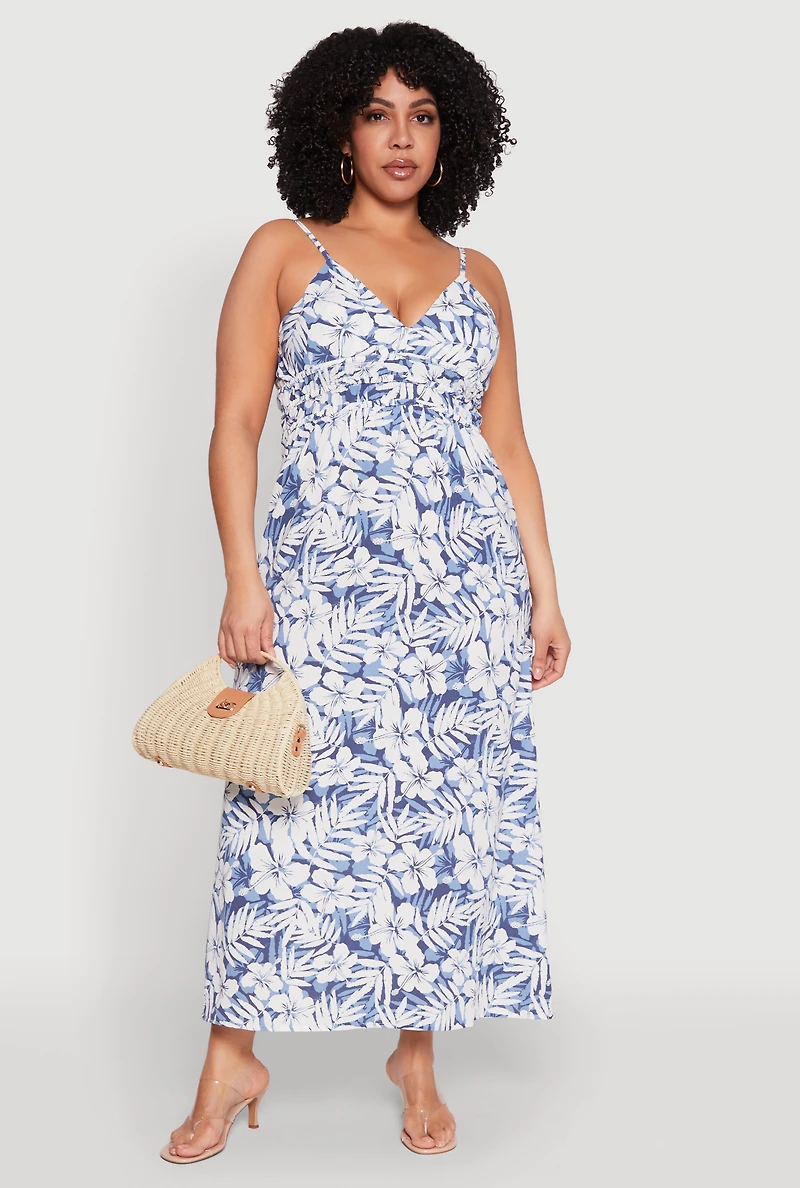 Womens Plus Size Tropical Print Empire Waist Maxi Dress, Blue, Size 2X