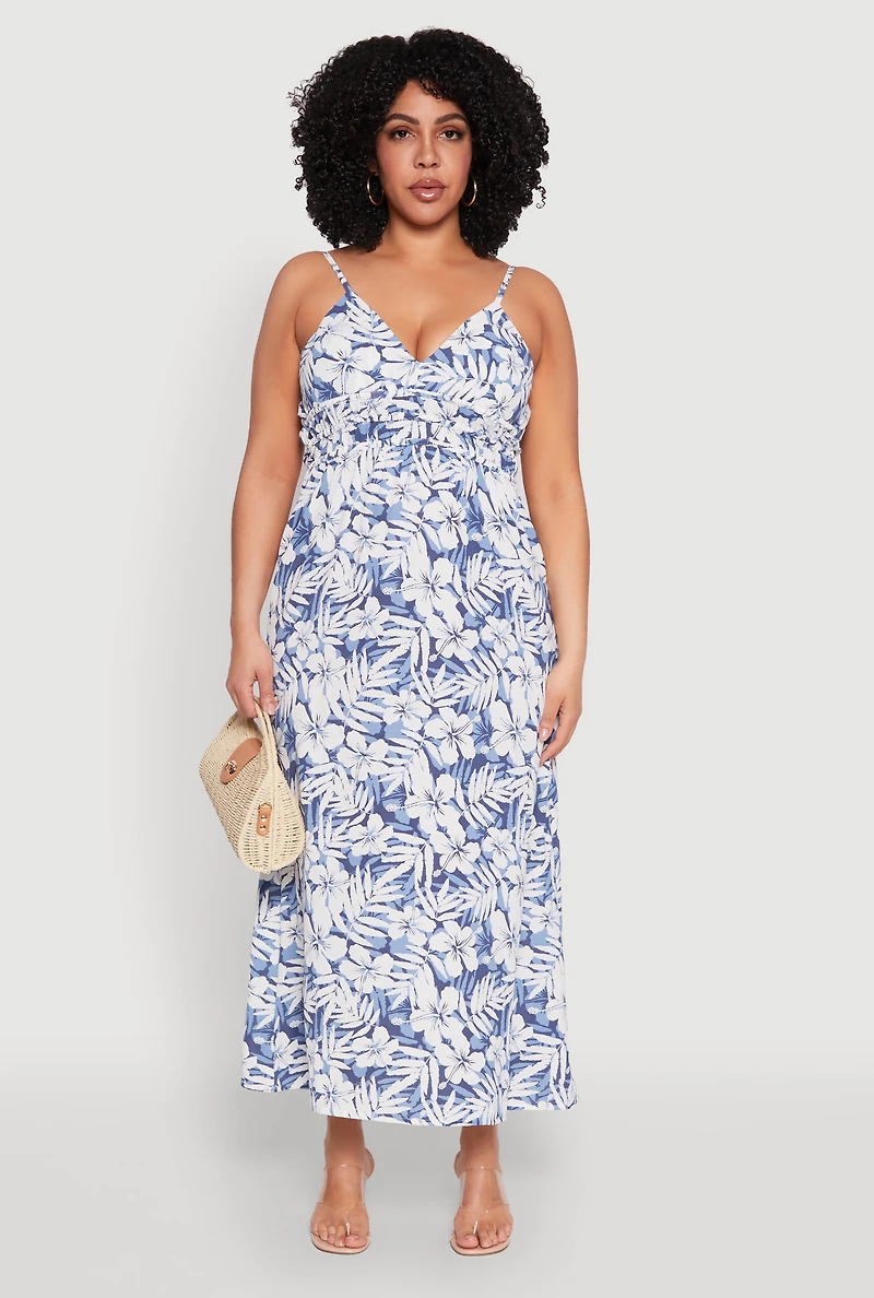 Womens Plus Tropical Print Empire Waist Maxi Dress, 1X