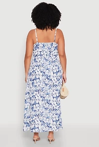 Womens Plus Size Tropical Print Empire Waist Maxi Dress, Blue, Size 2X