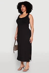 Plus Scoop Neck Side Slit Midi Dress