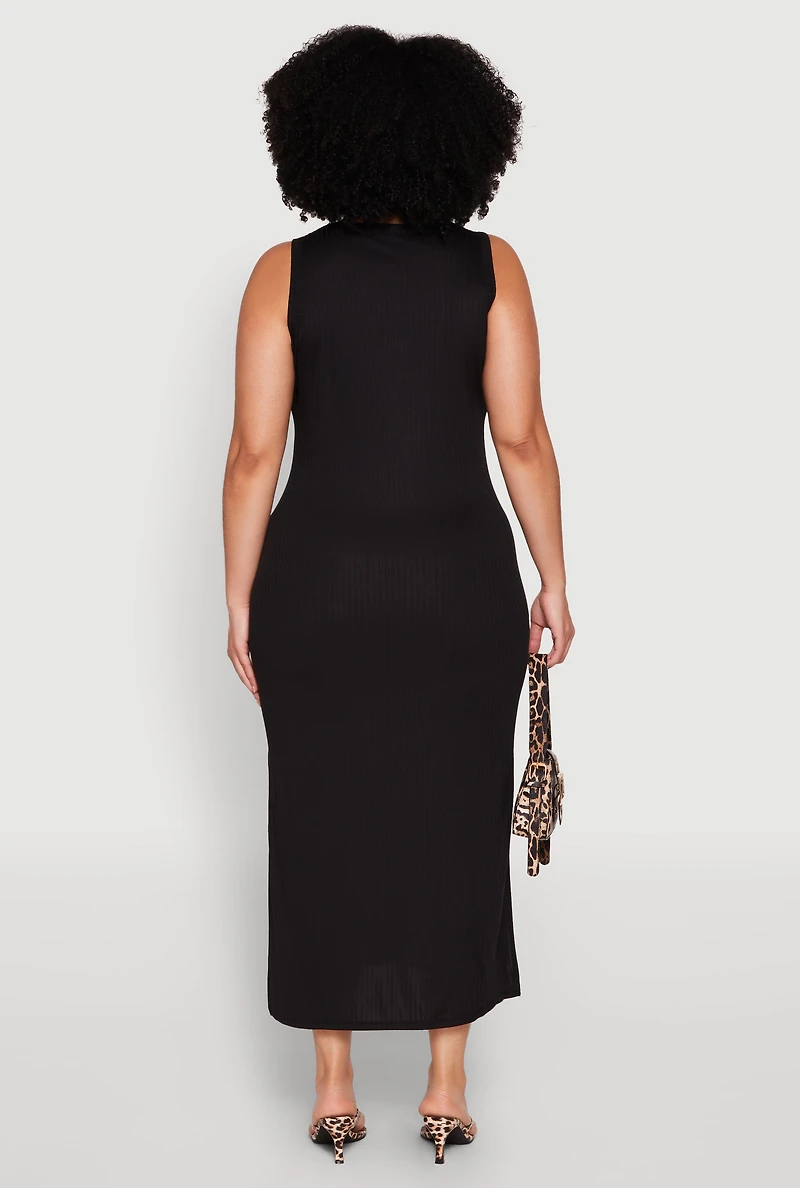 Plus Scoop Neck Side Slit Midi Dress