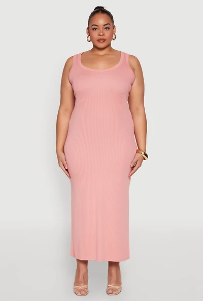 Womens Plus Size Scoop Neck Side Slit Midi Dress, Pink, Size 1X