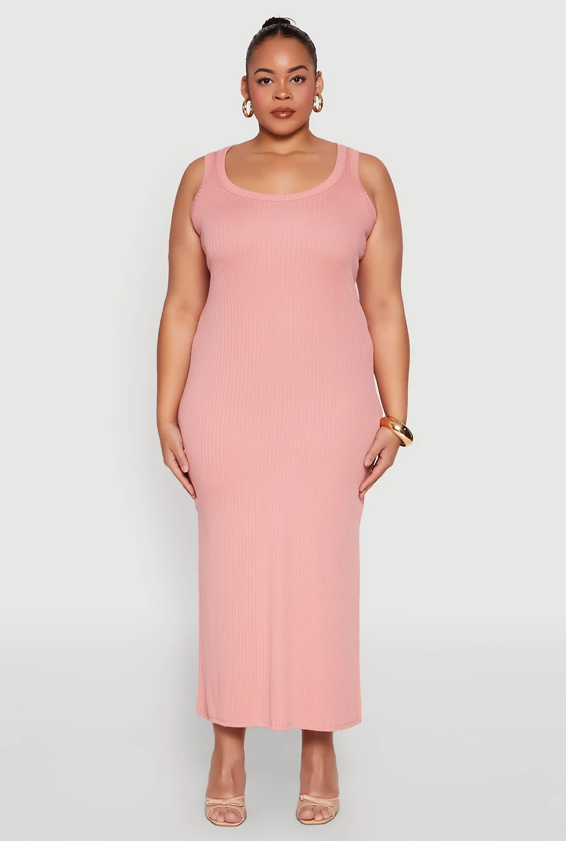Womens Plus Size Scoop Neck Side Slit Midi Dress, Pink, Size 2X