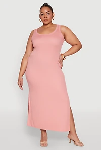Womens Plus Size Scoop Neck Side Slit Midi Dress, Pink, Size 2X