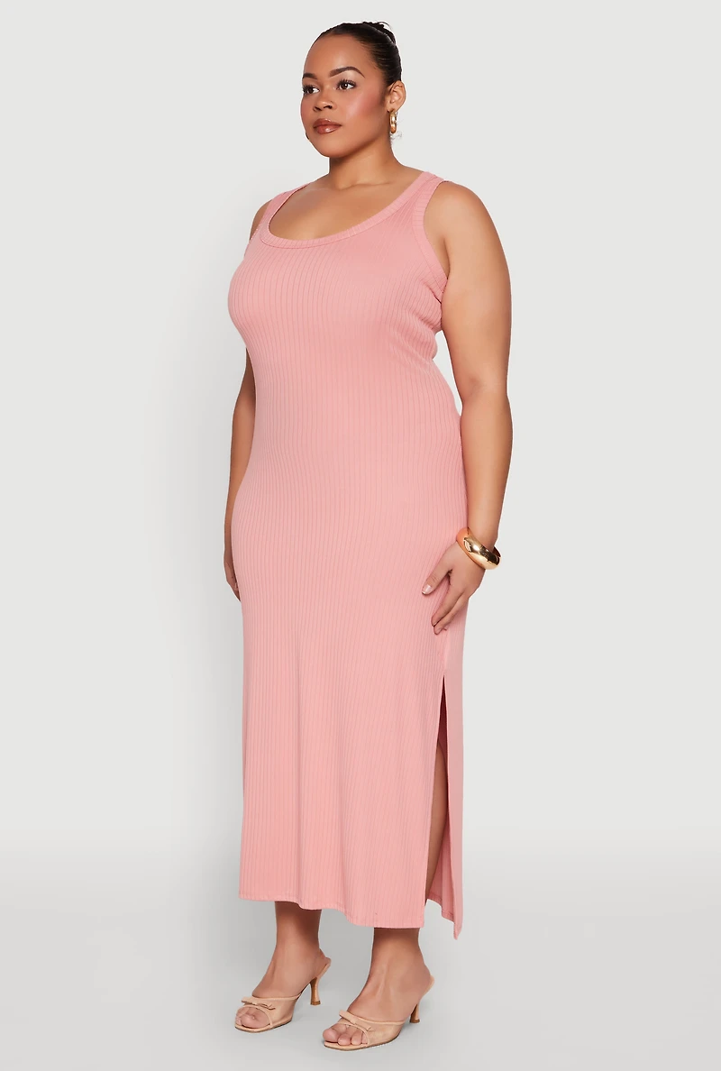 Womens Plus Size Scoop Neck Side Slit Midi Dress, Pink, Size 2X
