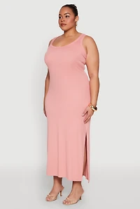 Womens Plus Size Scoop Neck Side Slit Midi Dress, Pink, Size 2X