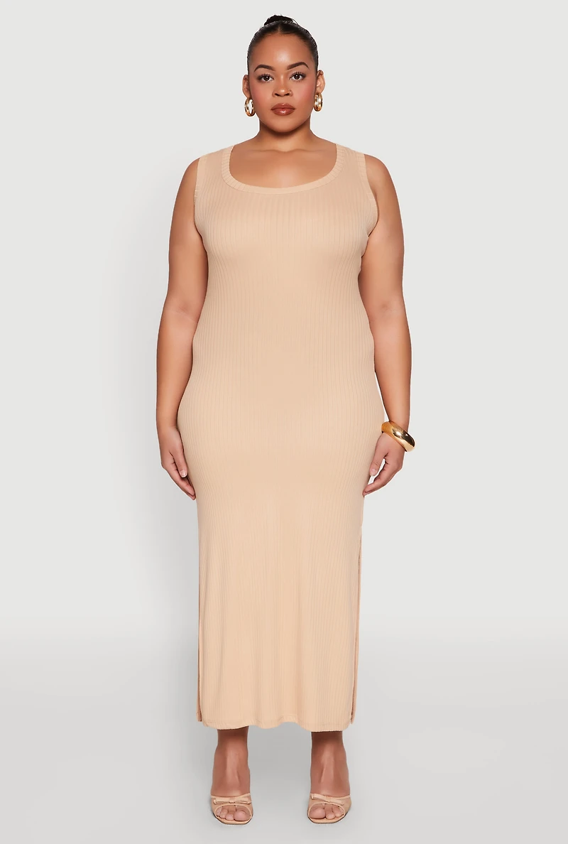 Womens Plus Size Scoop Neck Side Slit Midi Dress, Beige, Size 3X