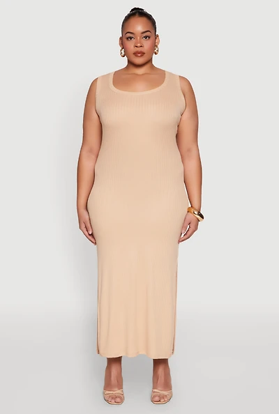 Womens Plus Size Scoop Neck Side Slit Midi Dress, Beige, Size 3X