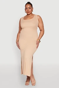 Womens Plus Size Scoop Neck Side Slit Midi Dress, Beige, Size 3X