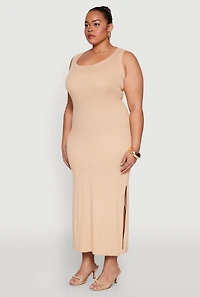Womens Plus Size Scoop Neck Side Slit Midi Dress, Beige, Size 3X