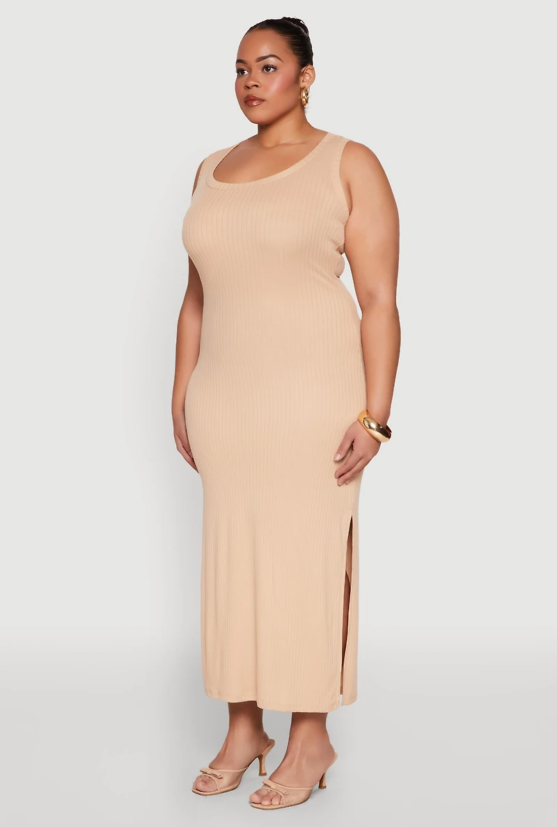 Womens Plus Scoop Neck Side Slit Midi Dress, Beige,