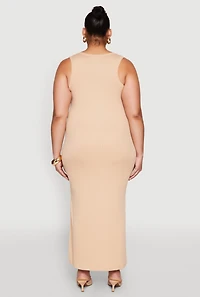 Womens Plus Size Scoop Neck Side Slit Midi Dress, Beige, Size 3X