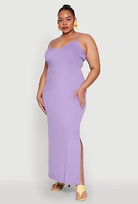 Womens Plus Size V Neck Side Slit Maxi Dress, Purple, Size 2X