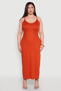 Womens Plus Size V Neck Side Slit Maxi Dress, Orange, Size 3X