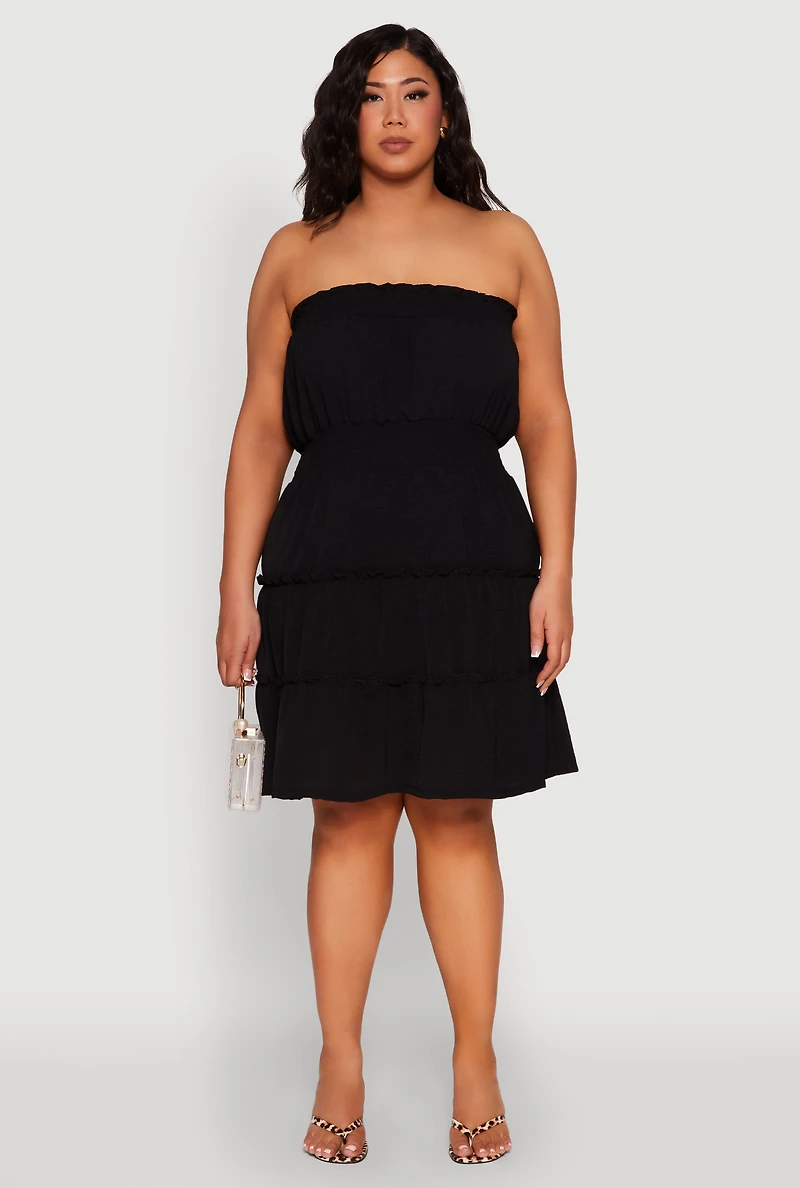 Womens Plus Size Airy Strapless Smocked Tiered Dress, Black, Size 1X