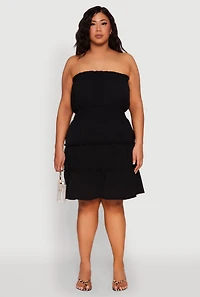 Womens Plus Size Airy Strapless Smocked Tiered Dress, Black, Size 1X