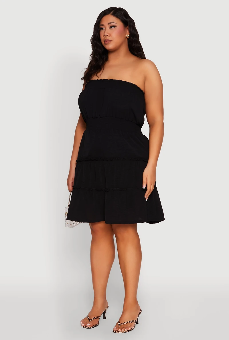 Womens Plus Size Airy Strapless Smocked Tiered Dress, Black, Size 1X