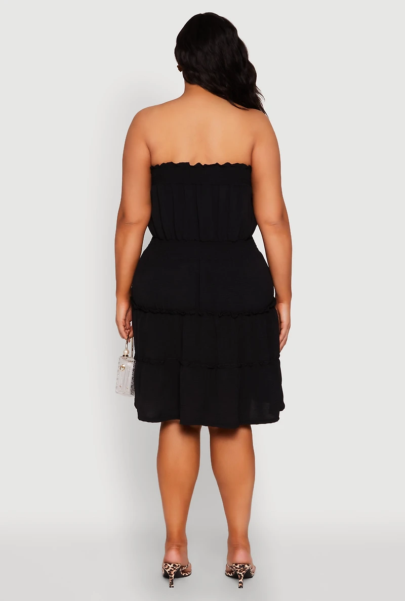 Womens Plus Size Airy Strapless Smocked Tiered Dress, Black, Size 1X