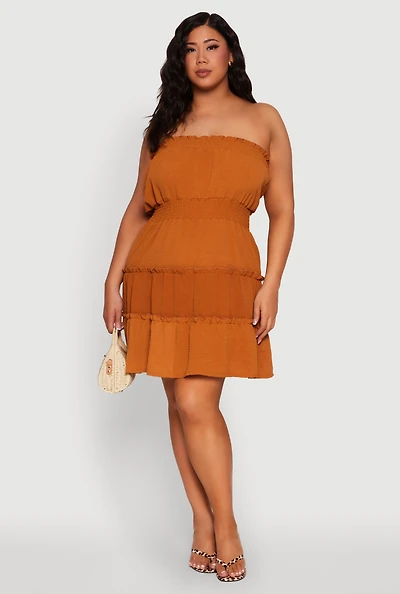 Womens Plus Size Airy Strapless Smocked Tiered Dress, Brown, Size 2X
