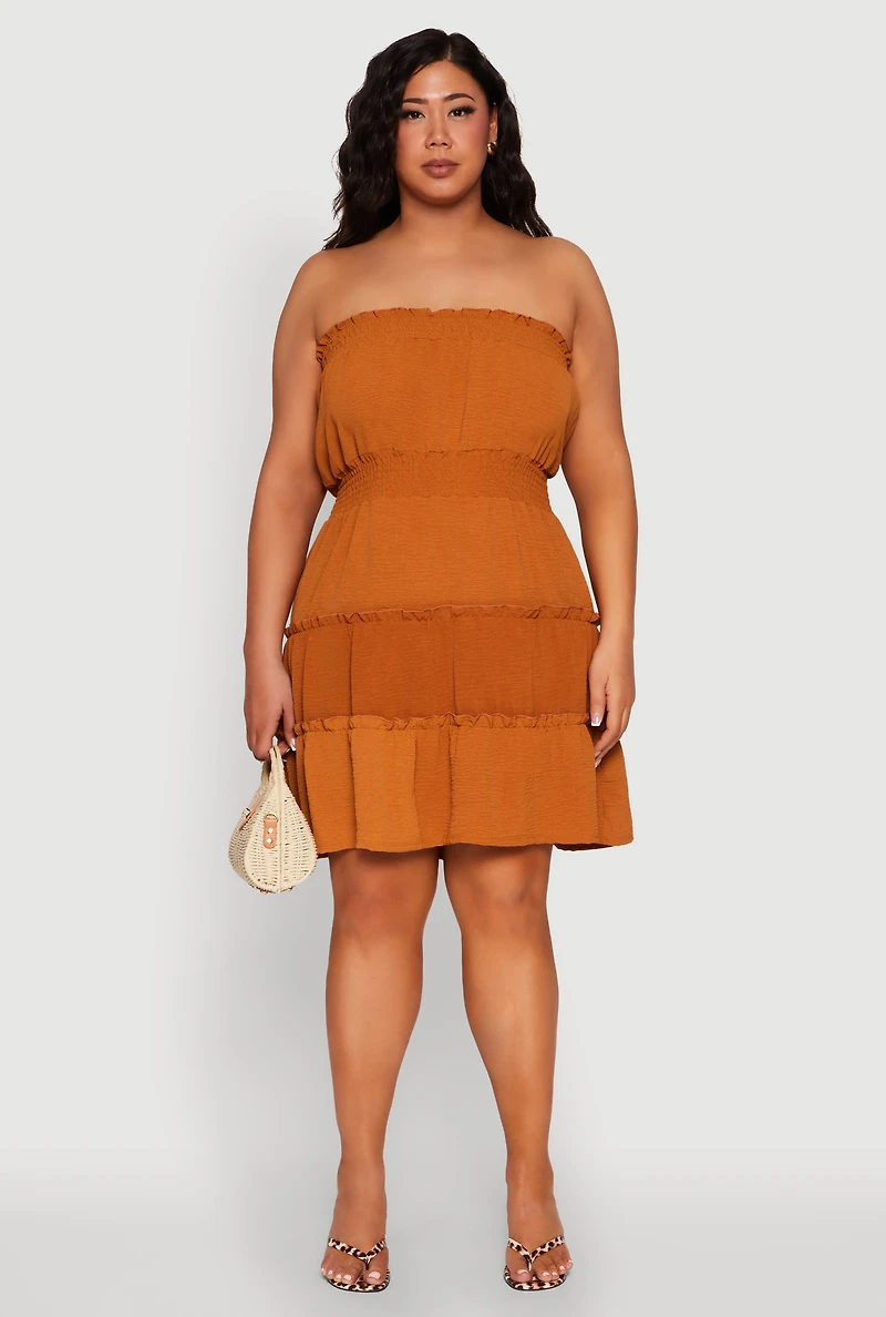 Womens Plus Size Airy Strapless Smocked Tiered Dress, Brown, Size 2X